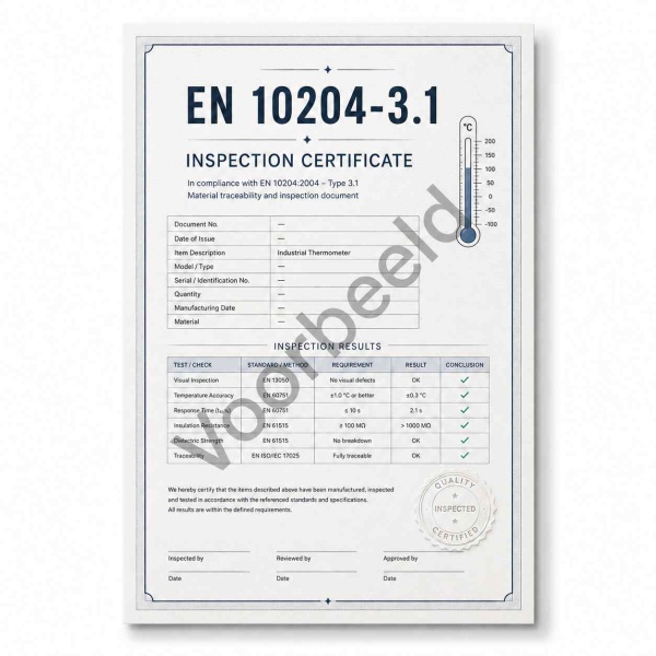 EN 10204-3.1 keuringscertificaat voor temperatuurmeter