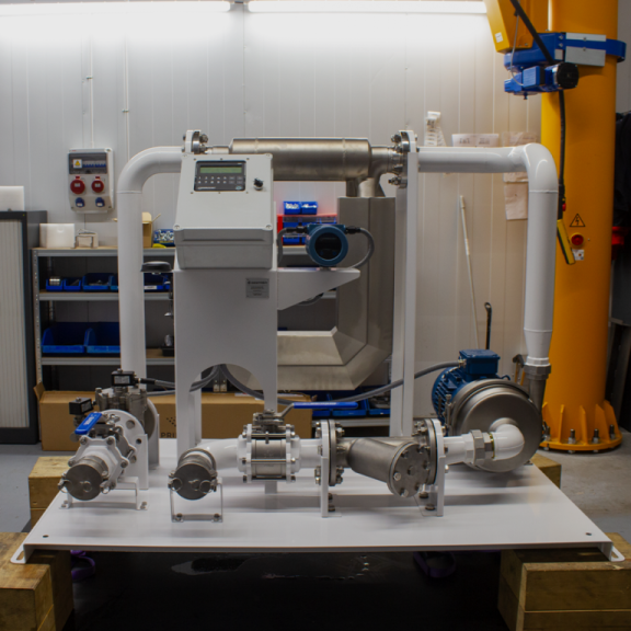 Front view of Gespasa AdBlue/DEF batching skid with centrifugal pump and control console