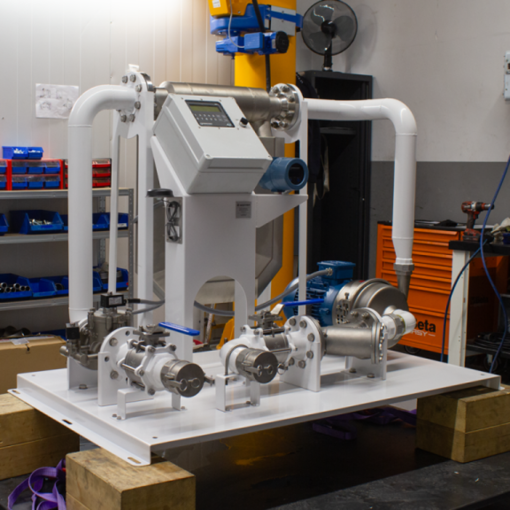 Gespasa stainless steel AdBlue/DEF transfer skid with 3-inch mass flow meter and solenoid valve, perspective view